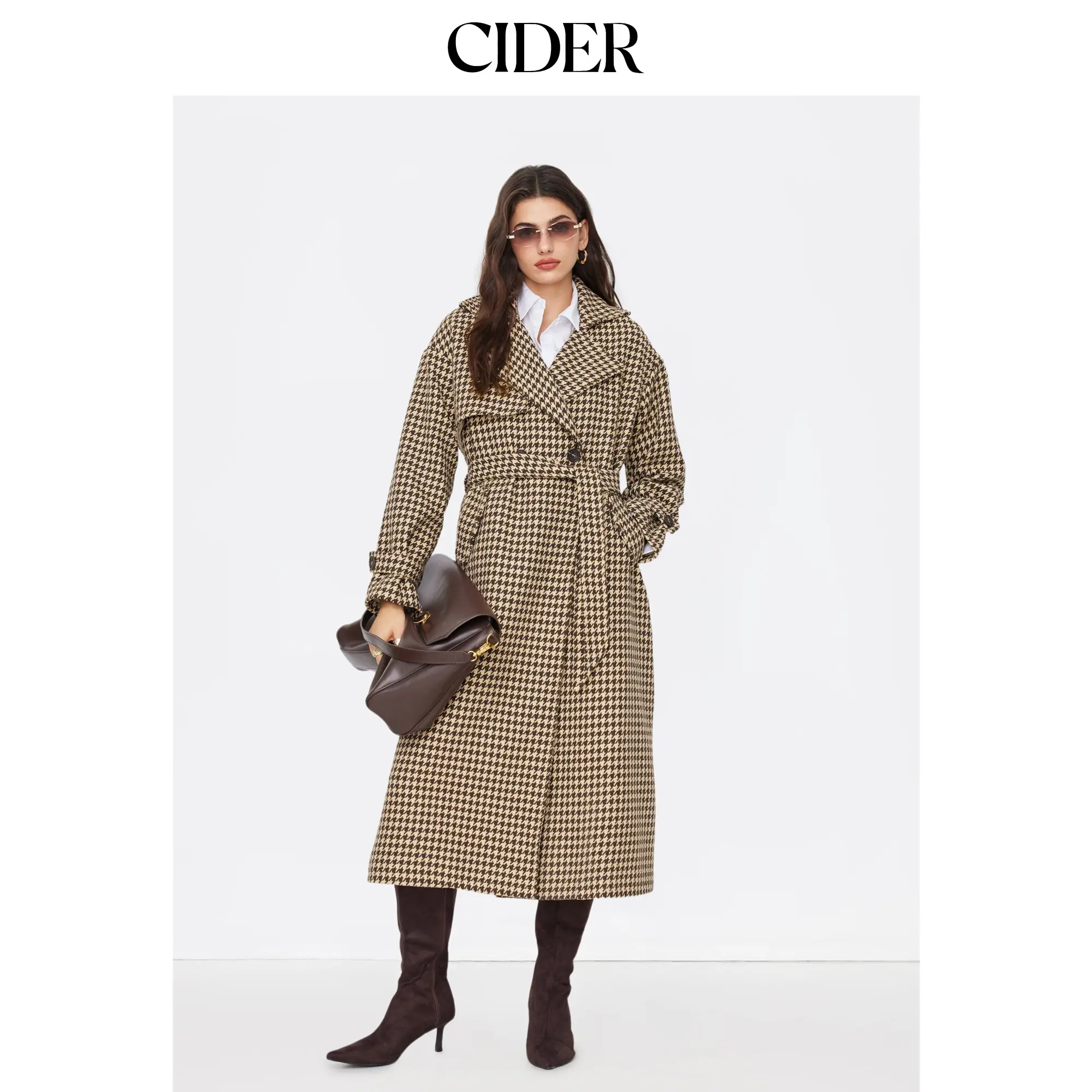 Cider Double Breasted Tweed Houndstooth Coat With Belt