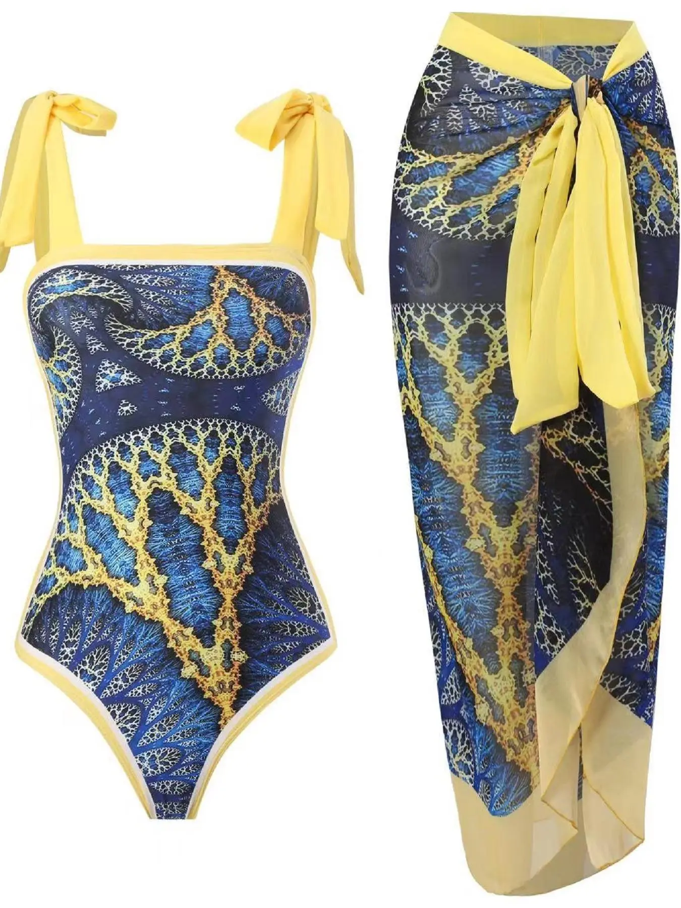 Women's All Over Print Knot Swimsuit Set, Boho Wrap Skirt & Sleeveless Bodysuit, Chic High Stretch Swimwear Bathing Suit For Beach Vacation, Bikini Sets, Ladies Summer Clothes, Summer Swimsuits