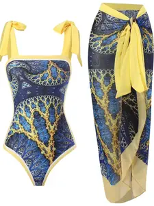 Women's All Over Print Knot Swimsuit Set, Boho Wrap Skirt & Sleeveless Bodysuit, Chic Swimwear For Beach Vacation, Bikini Sets, Ladies Summer Clothes