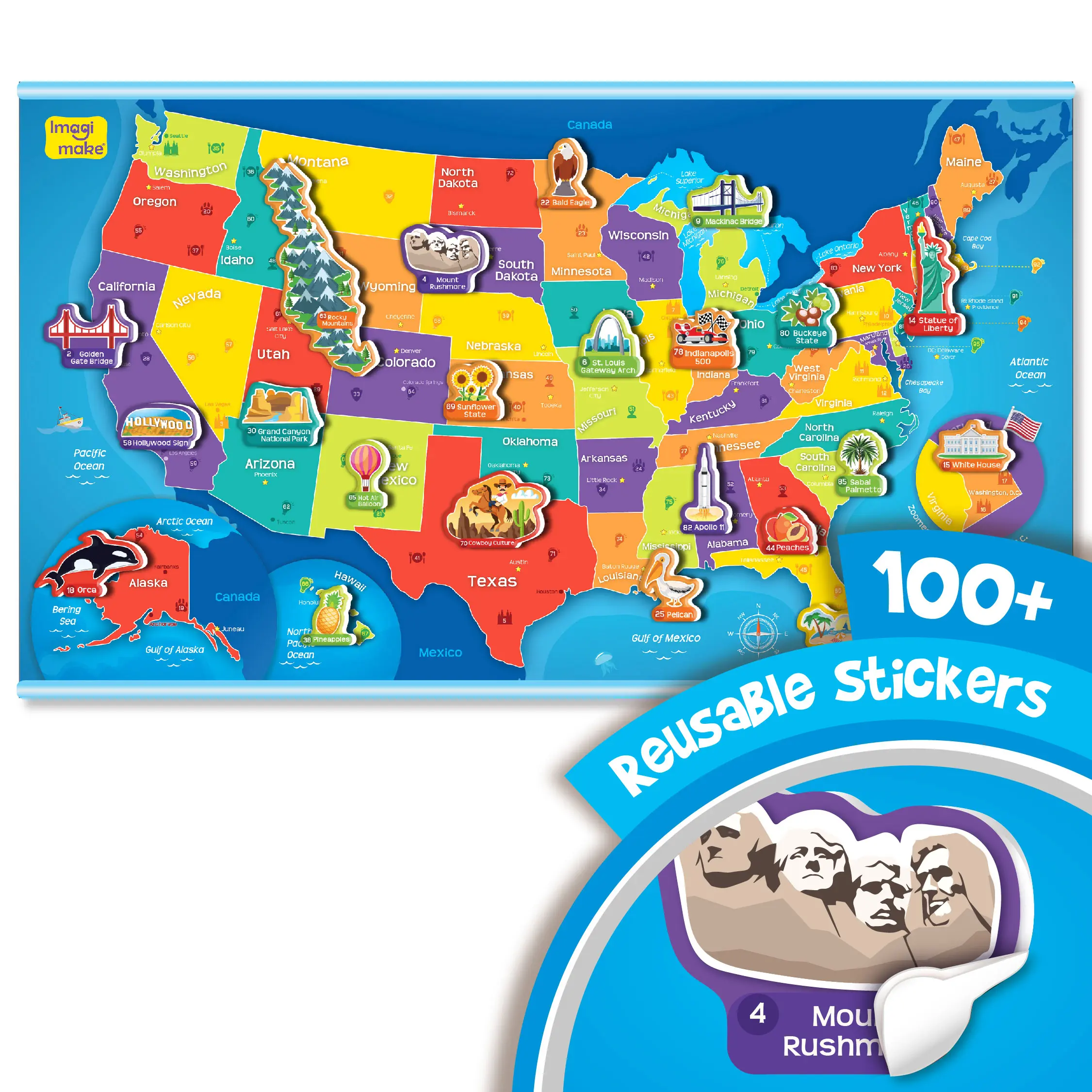 Imagimake Mapology USA Map with Reusable Stickers | Wall Chart | 100+ Jelly Stickers | Classroom Geography Games & Learning Kids Toys Age 5-8 | Gifts for Boys & Girls Age 5,6,7,8,9,10,11,12 Years Old
