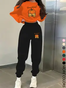New Creative Thanksgiving Print Letter Sweatshirt Set, Casual Long Sleeve Round Neck Top & Pants, Spring Fall Winter Fashion Women