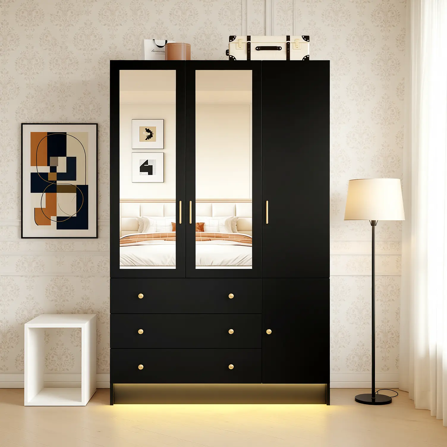 3 Doors Mirrored Wardrobe Armoire with LED Lights & Drawers, 74.8" H Freestanding Clothing Storage Cabinet with Adjustable Shelves & Hanging Rod for Bedroom