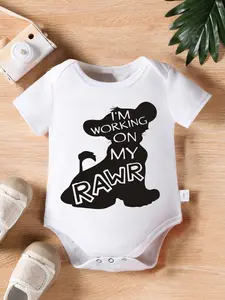 Baby White Short Sleeve Onesie, I'm Working On My Rawr Lion Cub Silhouette Cartoon Animal Infant Cotton Bodysuit