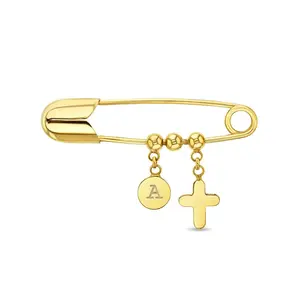 14k Gold Tiny Cross Baby / Toddler / Kids Safety Pin Brooch