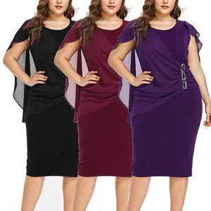 Women's Plus Size Chiffon Ruffle Flattering Cape Sleeve Bodycon Pencil Dress