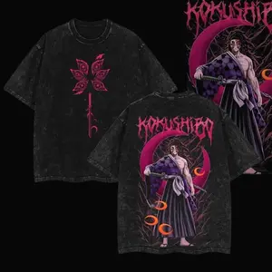 Kokushibo Upper moon rank 1 Demon Slayer Kimetsu No Yaiba Anime Double Printed Acid Washed  T-Shirt Cotton Menswear Clothes graphic tee 72F CYT