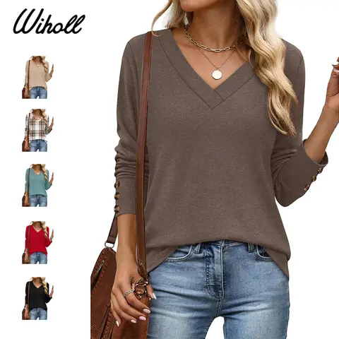 WIHOLL Women's Long Sleeve V-Neck Rayon Spandex Tunic Blouse - Button Detail, Soft Breathable Featherlight Fabric, Easy Layering/Tucking Fit, Graceful Coverage, Polished Relaxed Business Casual Tops, 3-Way Styling, Fall Essential