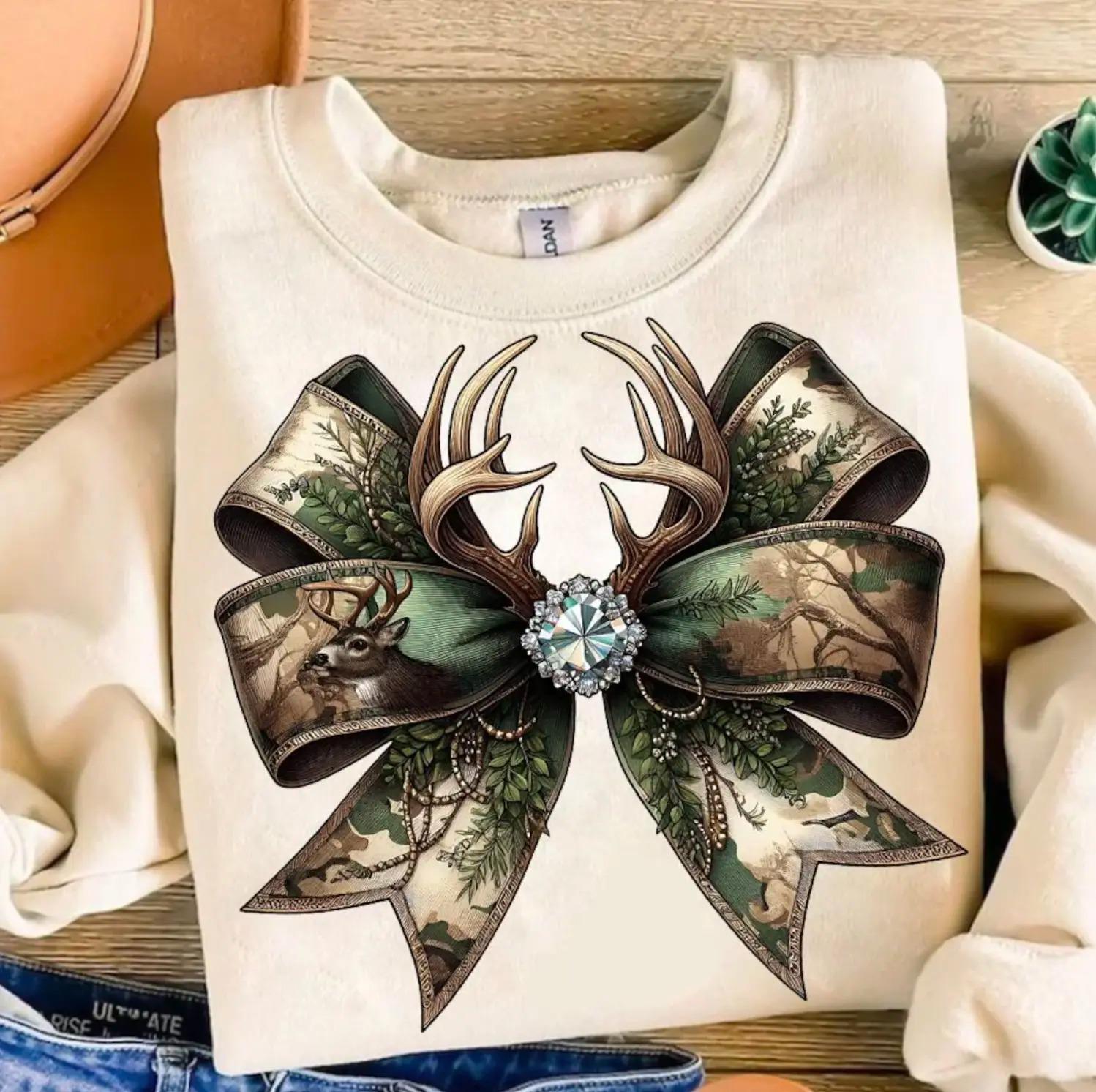 Camo Coquette Bow Sweatshirt T-Shirt, Camouflage Bow Tee, Coquette Camo Shirt, Coquette Hunting Shirt, Old School Camo Shirt, Deer Hunting Hoodie, Girly Camo Gift For Her Womenswear.