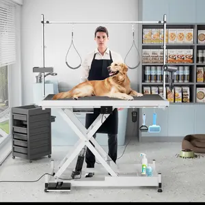 SAVEYOUR  Updated White Super Deluxe Electric Pet Grooming Table, 110V/220V Dual Voltage Professional Groomer Recommended, Heavy Duty X-Frame Electric Lift Table, Height Adjust from 8 to 36 Inch, Non-Slip Rubber Top & Adjustable Arm for Dog Cat Grooming