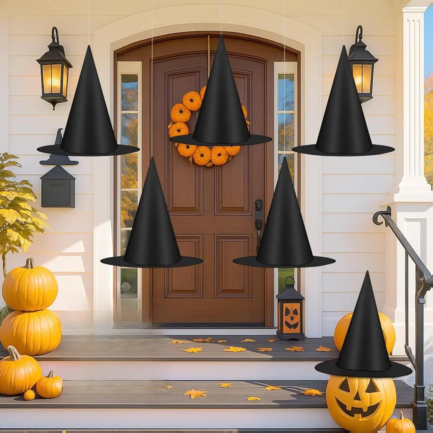 6Pcs Halloween Decorations, Black Witch Hats for Halloween Porch Decor, Hanging Witch Hats with 115 FT Nylon Cord, Thickened Wizard Hat Bulk for Halloween Party Supplies Indoor Outdoor Accessories