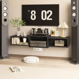 Floating TV Stand Wall Mounted with Power Outlet,Modern  Wall Mounted Media Console Shelf,Floating Entertainment Center for Under TV Storage for Living Room Bedroom Office,Black WST001B-