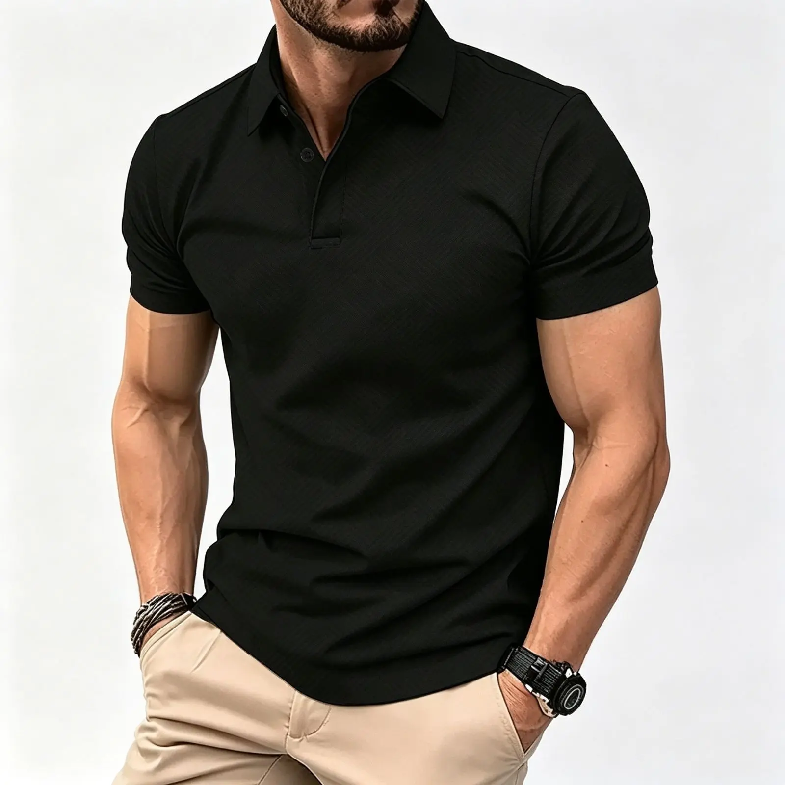 Men's Slim Fit Diamond Texture Polo Shirt, Breathable Short-Sleeve Polyester Top for Business Casual and Golf, Button, Chic