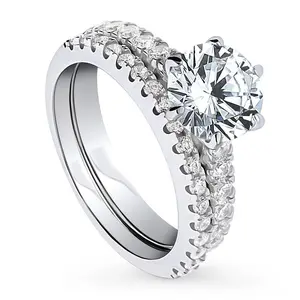 BERRICLE Sterling Silver Solitaire Engagement Rings Stackable Band for Women, 2 Carat Round Cut Cubic Zirconia CZ Ring Set