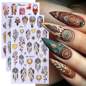 3 Pcs Dreamcatcher Nail Art Stickers, Heart Flower Feather Design, Matte and Glitter, DIY Self-Adhesive Manicure Decals for Women & Girls