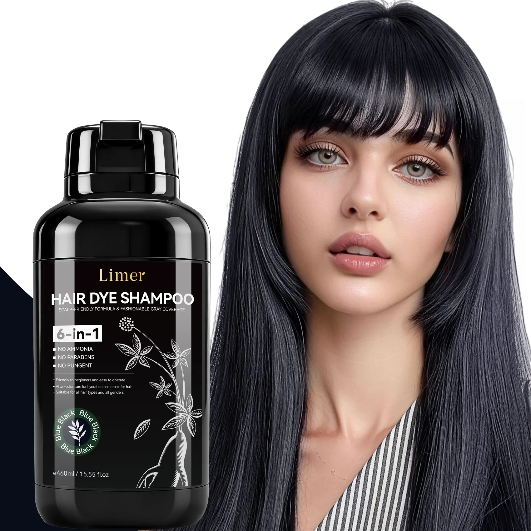 Limer 6-in-1 Blue Black Hair Dye Shampoo, Glossy Cool-Toned Blue Black Color for Women & Men, Ammonia-Free Plant-Based Semi-Permanent Hair Dye, Nourishing Easy 3-in-1 Cleanse Condition Color, Natural Shine for All Hair Types