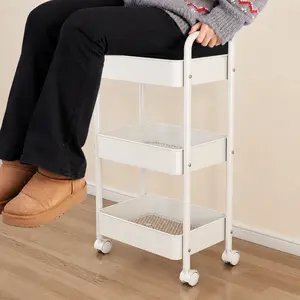 3-Tier Multi-Functional Rolling Cart — Metal Storage Trolley with Handle and Lockable Wheels — Versatile Storage & Organizer Cart with Mesh Baskets — Mobile Storage Rack for Kitchen, Living Room, Office, and Garage cabinet holder