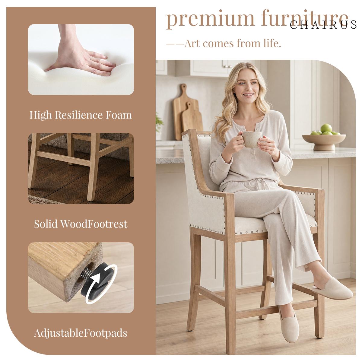 CHAIRUS 2 pack 26.5" Farmhouse Linen Barstools with Armrest Upholstered Wood Counter Height Bar Stools for Kitchen Island Dining Room Living Room Home Decor CHAIRUS 2 pack 26.5" Farmhouse Linen Barstools with Armrest Upholstered Wood Counter Height Bar Stools for Kitchen Island Dining Room Living Room Home Decor