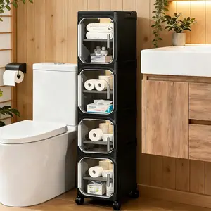Black White Slim Storage Cabinet No Installation Foldable Movable With Wheels Magnetic Door Transparent Waterproof Dustproof Kitchen Bathroom Bedroom Large Capacity Organizer