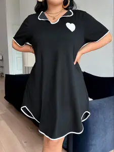 Women's Heart Print Casual Fitted Loungewear, Colorblock Trim V-Neck Short Sleeve Dress, Ultra Comfortable Skin-Friendly Home Clothing