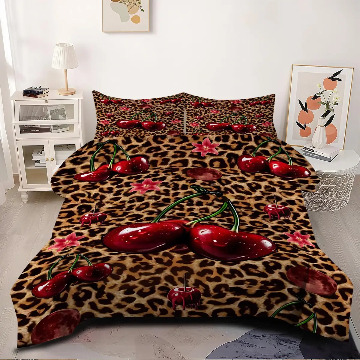 2/3pcs Vintage Leopard and Cherry Print Comforter Set, Cherry Print Decorative Bedding Set, Includes 1 or 2 Pillowcases, Pillow Inserts Not Included, Printed Bedding Set, Comfy Bedding Set