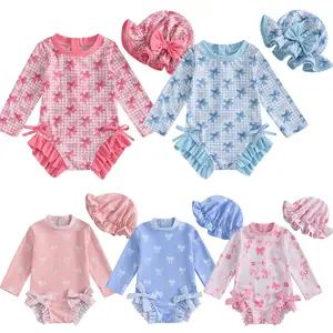 Toddler Infant Baby Girl Swimsuit Long Sleeve Rash Guard  Bow Plaid Zipper Bathing Suit Ruffled Beach Wear