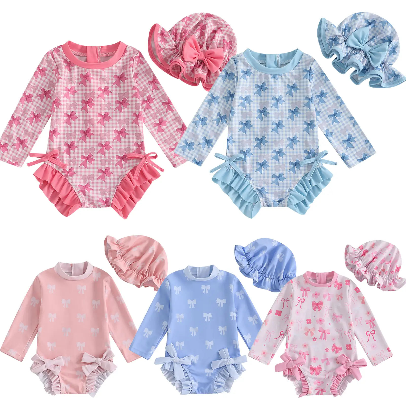 Toddler Infant Baby Girl Swimsuit Long Sleeve Rash Guard Bow Plaid Zipper Bathing Suit Ruffled Beach Wear