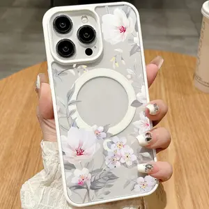 White Flower Pattern Phone Case Supports Wireless Charging  for iPhone 15 16 14 Pro Max 13 12 11 XR XS Plus Shockproof Non Slip Protection Silicone Transparent Acrylic  Cover Cellphone Protective Compatible with Galaxy S24
