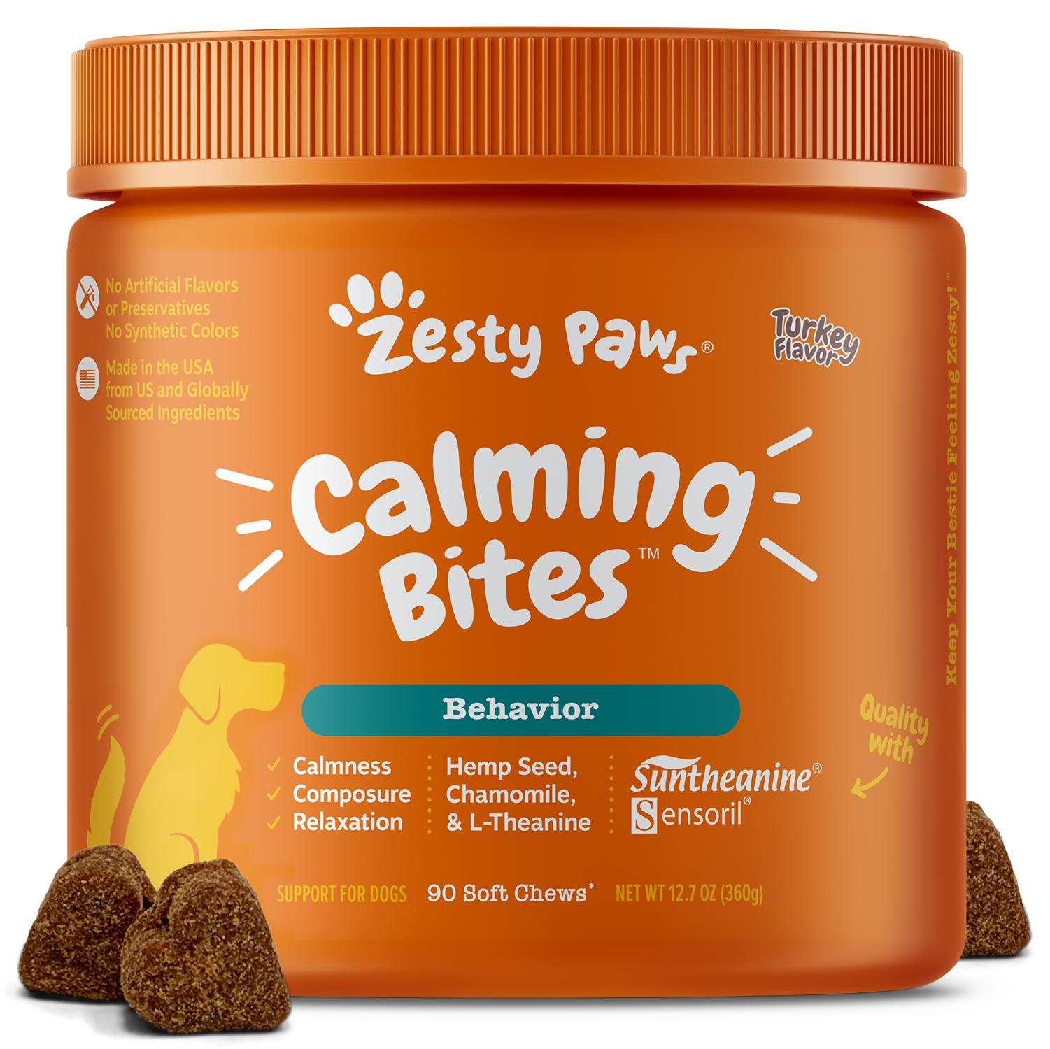 Zesty Paws Calming Bites for Dogs - 90 Soft Chew Treats with Suntheanine & Ashwagandha for Stress Relief & Calm Composure - Ideal for Training Supplements