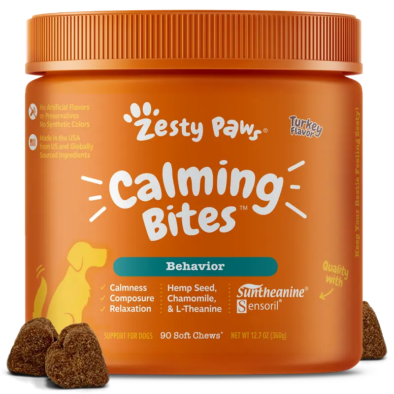 Zesty Paws Calming Bites for Dogs - 90 Soft Chew Treats with Suntheanine & Ashwagandha for Stress Relief & Calm Composure - Ideal for Training Supplements