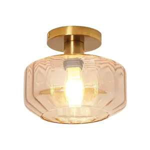 Modern Gold Semi-Flush Mount Ceiling Light | 9" Gerald Rippled Glass Lighting Fixture