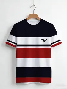 Men's fashionable striped T-shirt, 100% polyester round neck short sleeved, summer casual knitted top, breathable and soft, smooth texture, perfect choice for fashionable street wear, weekend and daily wear, essential T-shirt for summer