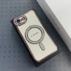 Magnetic Protective Phone Case with Glittering Rhinestones Designed for Iphone 16E 11 12 13 14 15 16 17 Pro Max  Includes Lens Protector And Shockproof