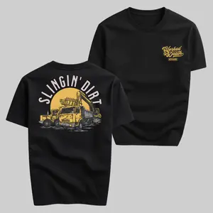 Slingin' Dirt Heavy Equipment T-Shirt Unisex Graphic Tee with Large Back Print Yellow Excavator Dump Truck Construction Machinery Sunset Design Small Chest Worked to Death Logo Vintage Streetwear Style