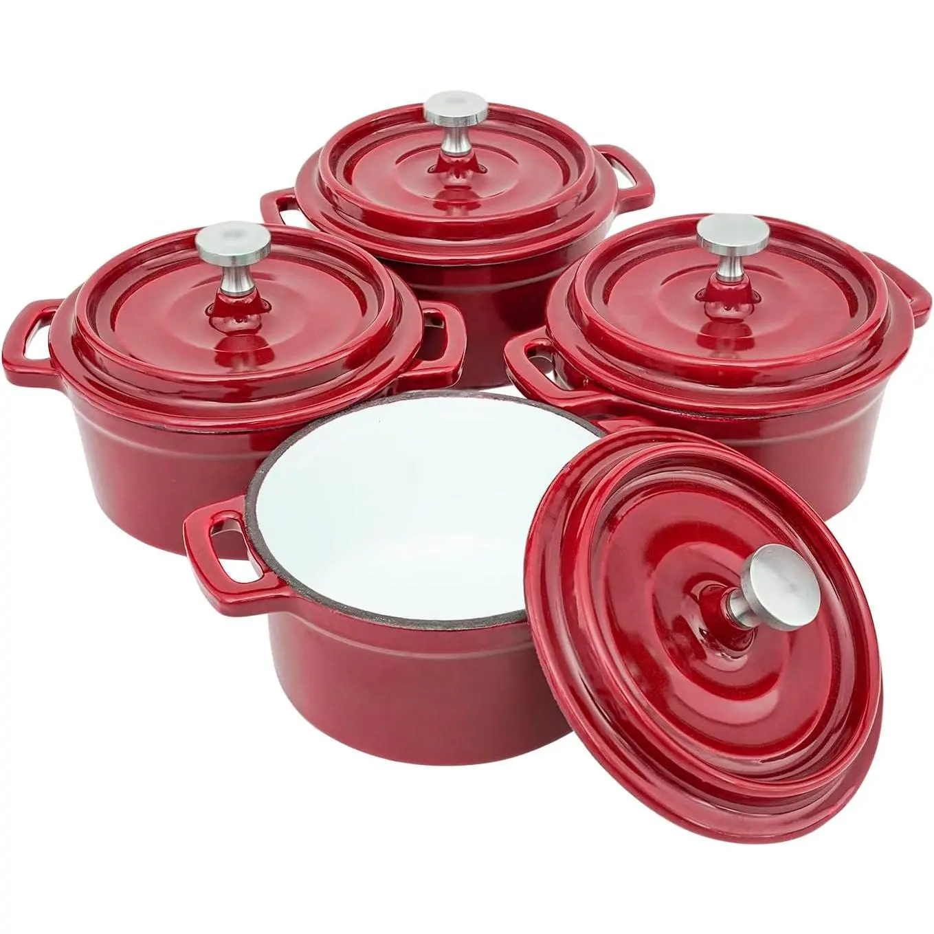 Mini Cocotte 8 oz Mini Dutch Oven 0.25 qt. Cast Iron Garlic Roaster for Oven Garlic Confit Pot Ramekins with Lids Oven Safe Set of 4, Red