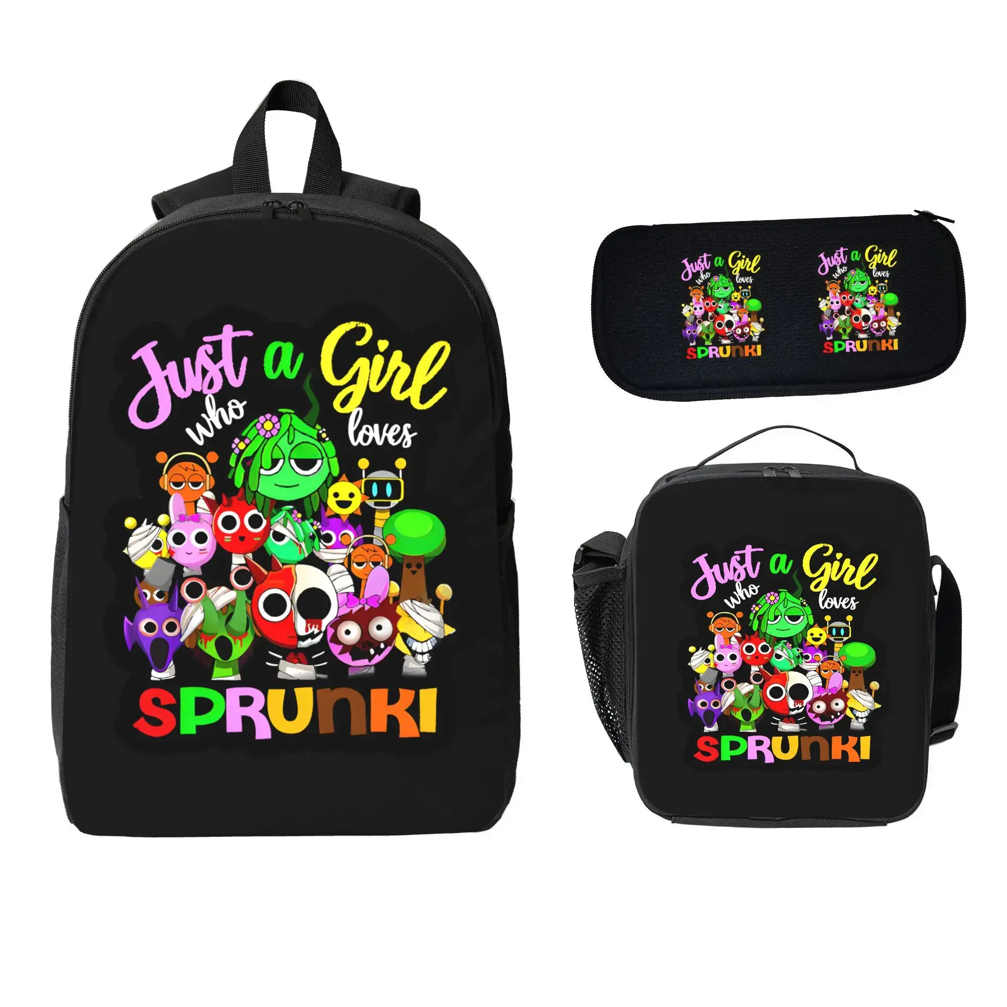 Men's Sprunki Cartoon Printed Polyester 3-Piece Adjustable Backpack Set - Casual Zip, Multi-Compartment Athletic Student Backpack, Laptop Bag, Cute Lunch Bag, Unisex, Cute Animal Graphic Backpacks