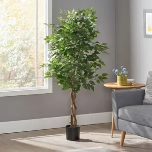 4FT-5FT Lifelike Silk Artificial Ficus Tree, Faux Weeping Fig with Twisted Trunk, Glossy Leaves & Iron Nursery Pot, Large Indoor Floor Room Decor for Home, Balcony Artificial Trees for Office