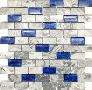 Glass Stone Mosaic 1x2 Subway Tile Navy Blue Gray Backsplash Polished Marble Wall and Floor Tiles