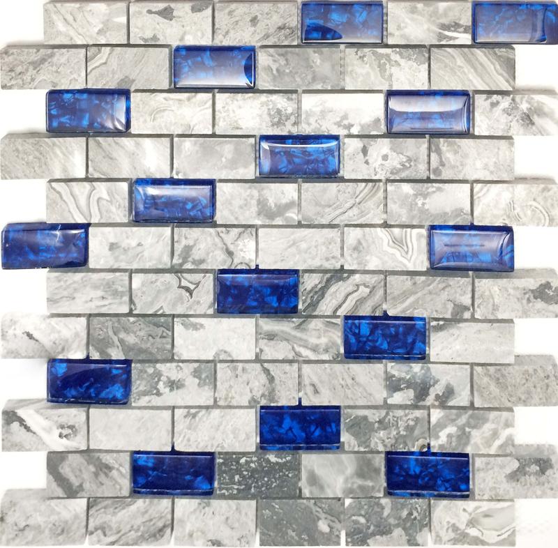 Glass Stone Mosaic 1x2 Subway Tile Navy Blue Gray Backsplash Polished Marble Wall and Floor Tiles