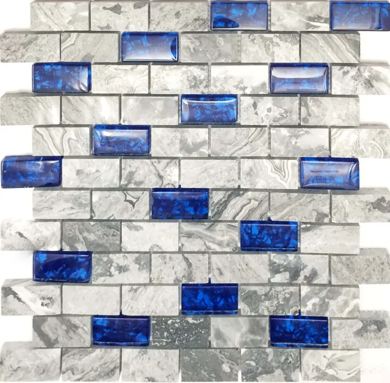Glass Stone Mosaic 1x2 Subway Tile Navy Blue Gray Backsplash Polished Marble Wall and Floor Tiles