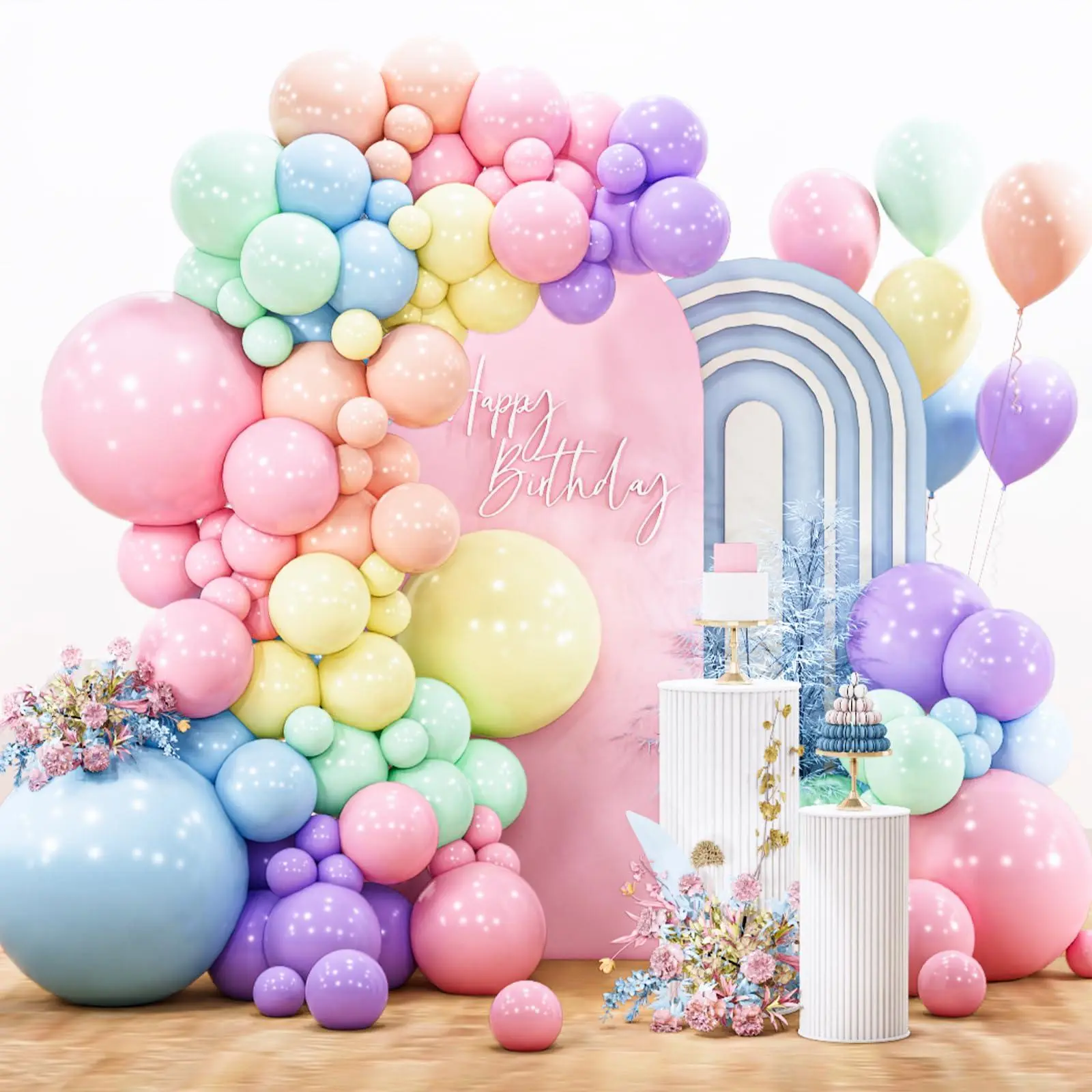 PartyWoo Round Pastel Balloon Arch Kit, 142pcs with 18/12/10/5in Sizes, Hand Pump Included - Easter Birthday Decor Ideas for Baby Shower, Wedding Festive Supplies