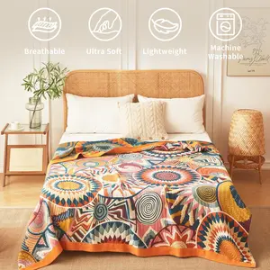 Boho Cotton Muslin Twin Size Bed Throws,100% Cotton Rustic 4 Layer Reversible Colorful Woven Blankets, Washable Breathable Mexican Decor Bed Blankets for Couch Sofa All Seasons