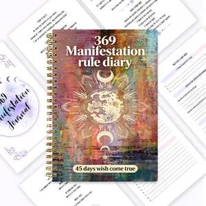 Spiritual Growth Planner, 369 Manifestation Law Notebook, featuring meditation guides, mindfulness prompts, and Law of Attraction explanations. It combines gratitude journaling and high vibration recording, with daily manifestation practices. Included are