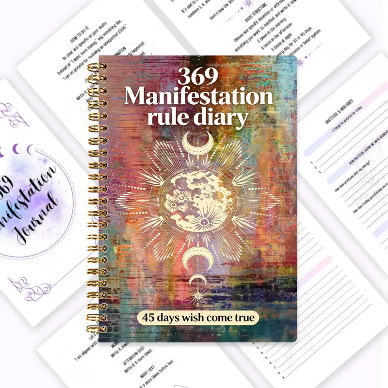 Spiritual Growth Planner, 369 Manifestation Law Notebook, featuring meditation guides, mindfulness prompts, and Law of Attraction explanations. It combines gratitude journaling and high vibration recording, with daily manifestation practices. Included are