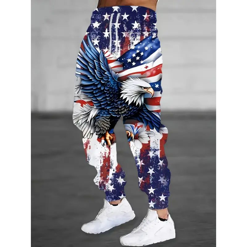 Men's High Stretch Polyester Casual Fashion Loose Sporty Joggers - 1pc Regular Fit Animal Pattern Pants with American Flag Eagle Print, Menswear, Multicolor, Animal Print, Graphic, 100% Poly, Stretch Knit, Knitting, Eagle Graphic, Polyester Knit, All Over