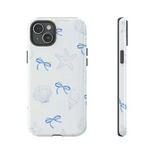 Blue Bow & Seashell Aesthetic Phone Case, Cute Coastal Beach-Inspired Cover for iPhone & Samsung, Trendy Cottagecore Ocean Case