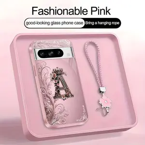 Crown Floral Art 26 letter Phone Case, Suitable for [Google Pixel 8 Pro] high-end women's, Lanyard a beautiful four-leaf clover lanyard is included🍀 952