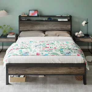 AMERLIFE Rustic Full /Queen/King Size Bed Frame,  Industrial Metal Bed Frame with 2-Tier Storage Headboard and Charging Station, No Box Spring Needed/No Mattress/Small Unique House Furniture Room