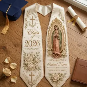 Personalized Virgen de Guadalupe Graduation Stole – Catholic Floral Cross Sash, Custom Class of 2026 Latina Grad Gift