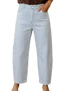 Women's High Waisted Striped Jeans Straight Leg Loose Casual Denim Pants Vintage Y2K Barrel Jeans