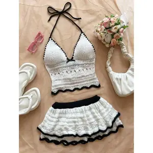 Women's Holiday Casual Contrast Trim Backless Halter Top And Mini Skirt 2 Pieces Set Beach Vacation Outfits Spring Summer Outfits For Women West Music Festival Bohemia Boho Bottom Striped